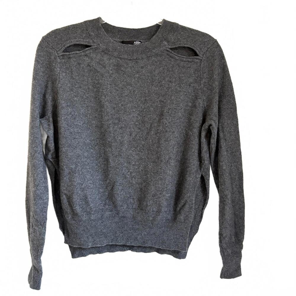 Aqua Cashmere | Very Soft Gray Crewneck Sweater Front Cut Outs Size M